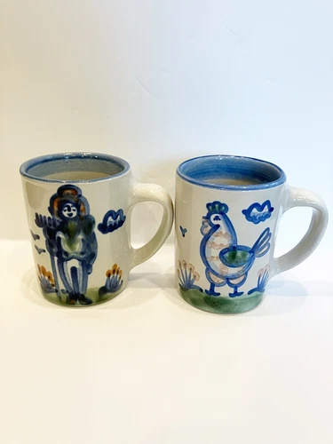 2 M.A. Hadley ‘The End’ Coffee Mugs Farmer Rooster Chicken Hen Pottery Blue Cups