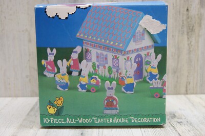 Vintage 1995 10 Piece All Wood Easter House Decoration By Sue Dreamer with Box
