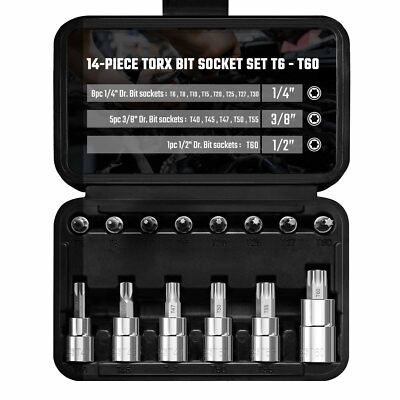Torx Bit Socket Set1/4 3/8 And 1/2 Drive 14piece Star T6 T60 Set S2 Steel And