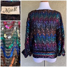 Multi-Colored Sequined Top on Black Chiffon Disco Vintage 1980s Size M