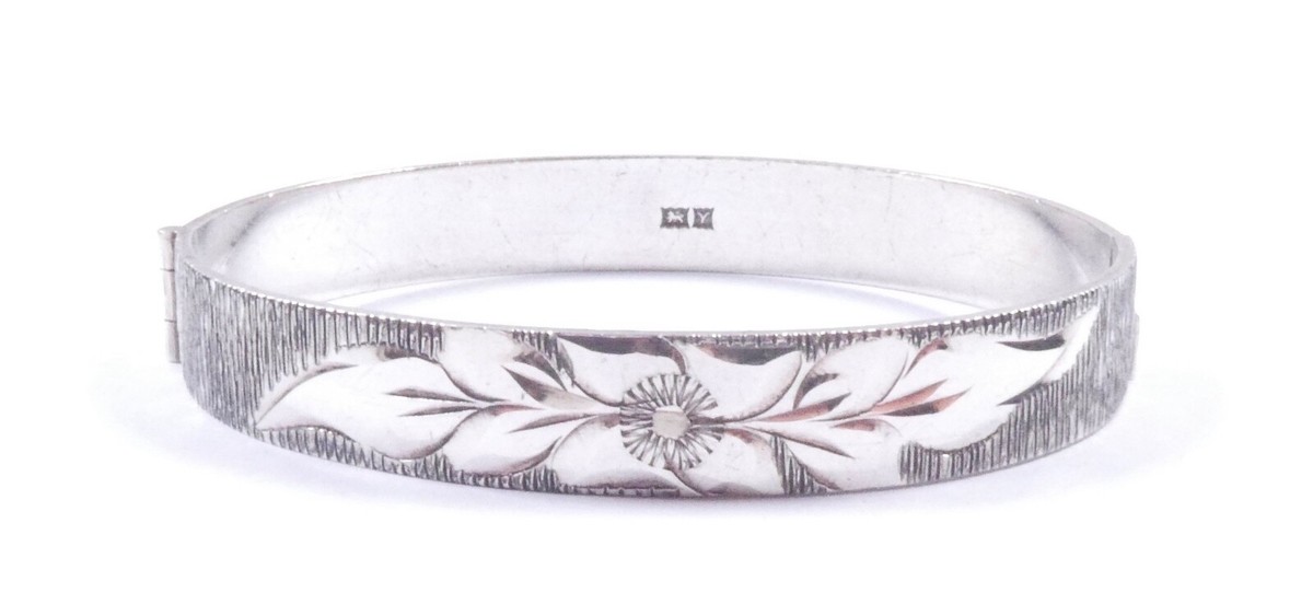Vintage 1973 Hinged Bangle Flower Leaf 925 Sterling Silver