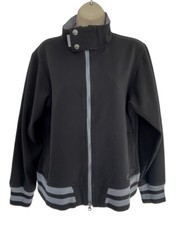 Sims Women's Sz L Black Full Zip Varsity Jacket Gray Striped Ribbed Cuffs & Hem