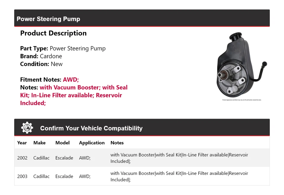 Bomba de dirección asistida Cardone para Cadillac Escalade 2002-2003 AWD Foto 2 de 4