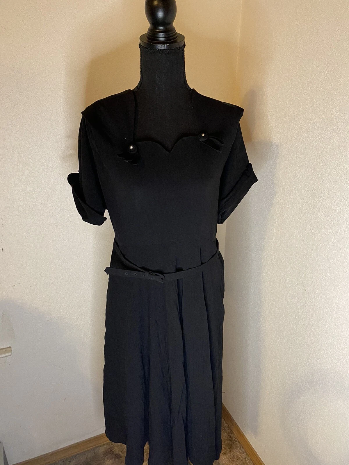 Vintage Original Blakely Fashions Black Pleated Belted Dress