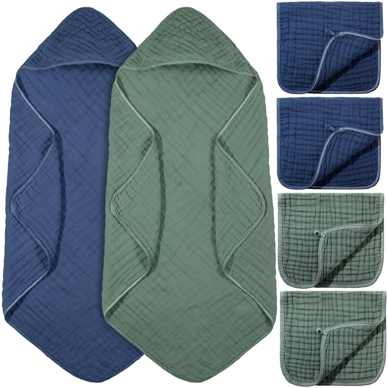 6 Pcs Baby Muslin Hooded Bath Towels and Washcloths, 32 X 32 Inch Cotton 