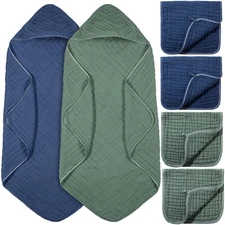 6 Pcs Baby Muslin Hooded Bath Towels and Washcloths, 32 X 32 Inch Cotton 