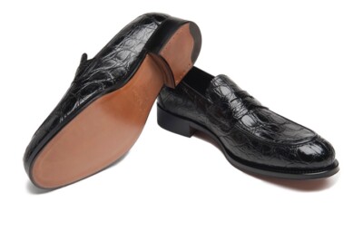 Arbiter Genuine Crocodile Alligator Mens Black Penny Loafers 