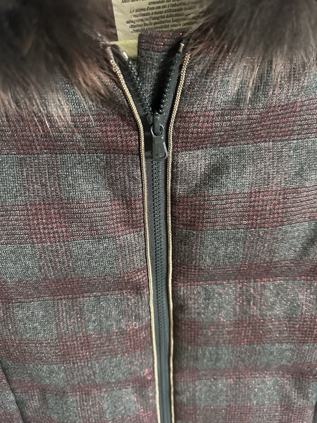 RARE Brunello Cucinelli Women Down Jacket Burgundy Plaid With Monili Size 38 image 3