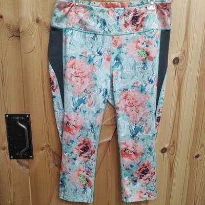 Tek Gear Workout Gear Women's Plus Sz 1X Blue Coral Floral Leggings Side Mesh