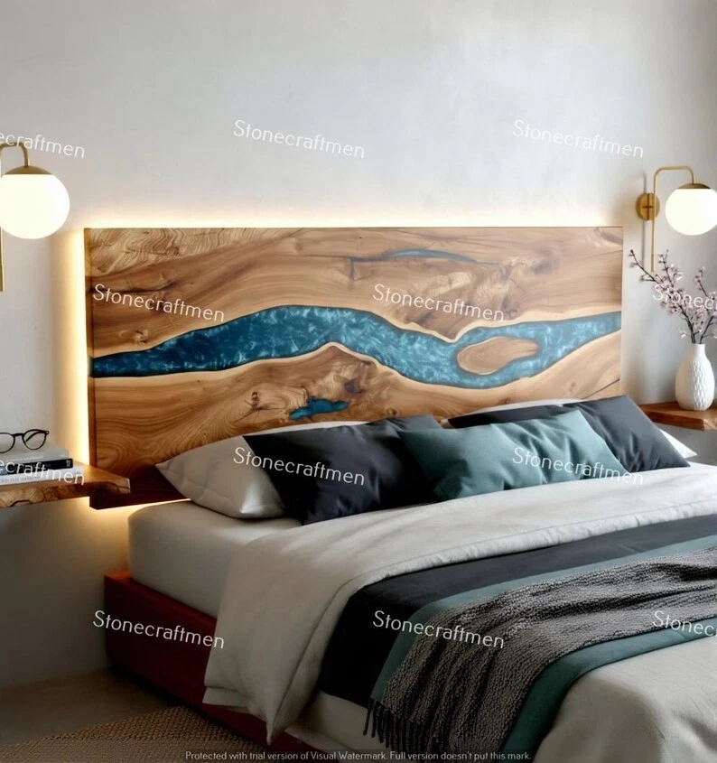 Handmade Epoxy River Headboard | Solid Wood Rustic Modern Decor - Image 3 of 4