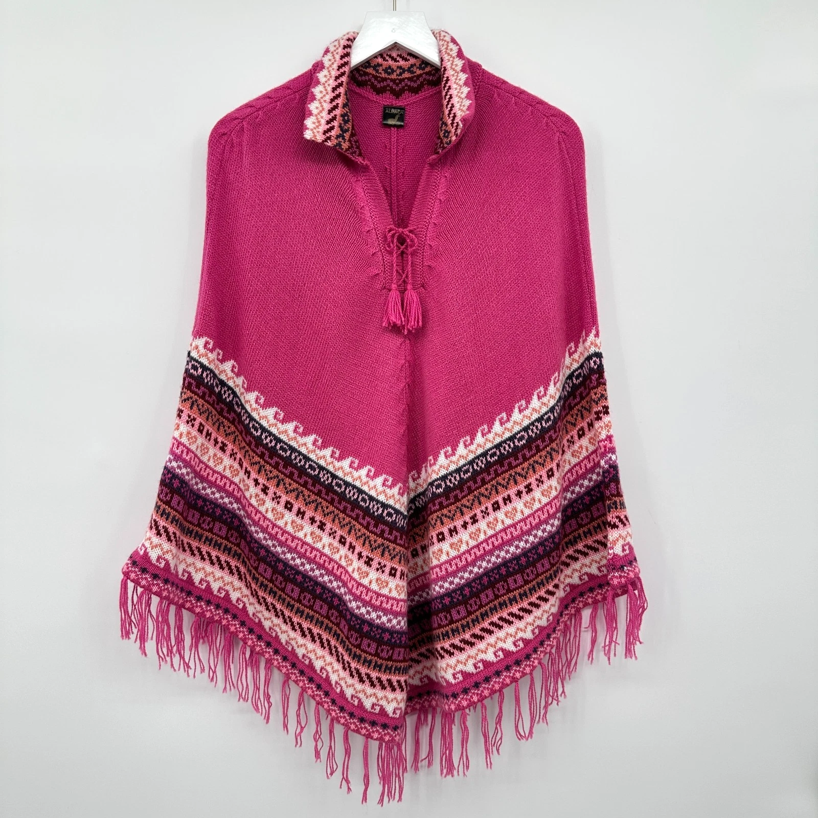 Alpaca Poncho Sweater Women One Size Fringe Made in Peru Nomadic Boho Artsy Pink