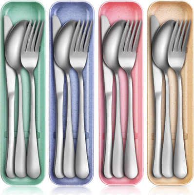 4 Pack Travel Silverware Set with Case for Lunch,Beige | Reusable Utensils