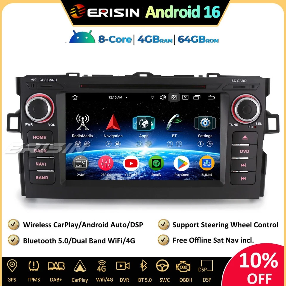 8-Core 64GO Android 16 Autoradio for Toyota Auris GPS DAB+ WiFi CarPlay RDS TNT - Photo 1/4