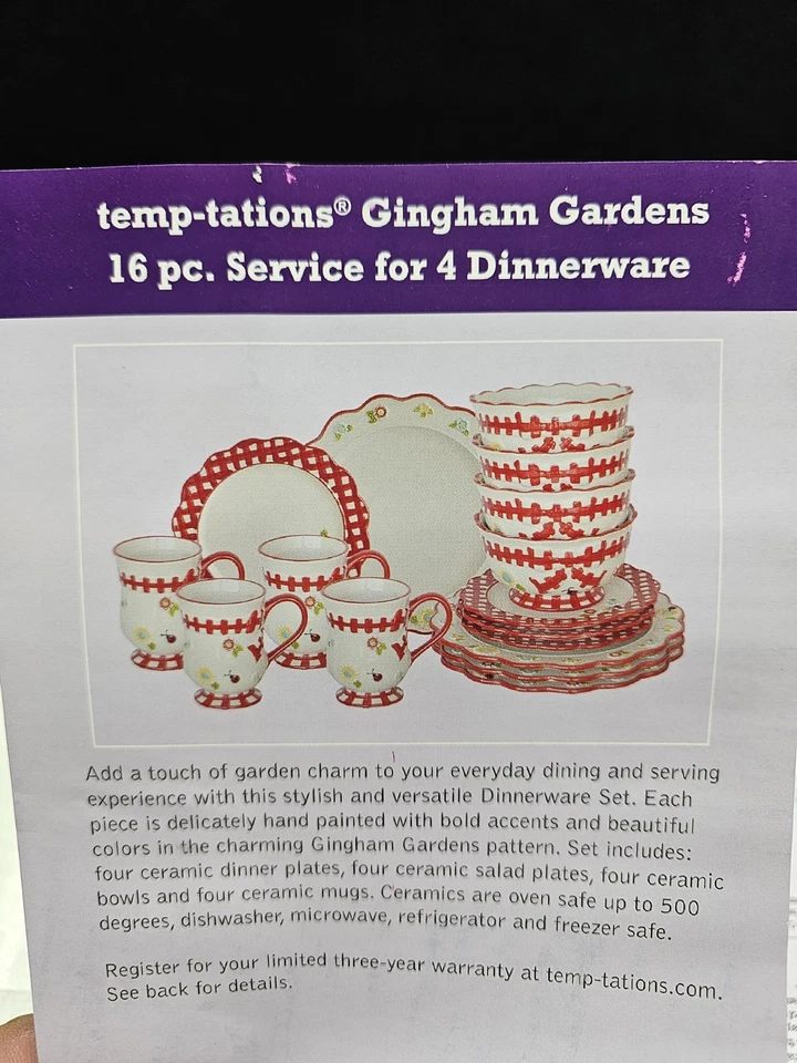全新 Temptations GINGHAM 花园黑色花边瓢虫花朵蝴蝶结餐具 适用于 4 件  — 第 3/4 张图片