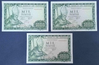 Trío correlativo de billetes de 1000 pesetas de 1965. SC /AUNC . P151