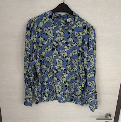 Selected Femme Damen Bluse Gr. 44 blau Blumen Viskose Stehkragen Langarm