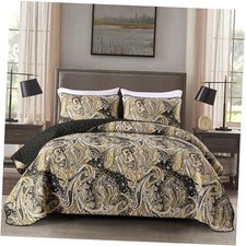Black Paisley Quilt Set Black and Gold Boho Bedspread Coverlet King Black Gold