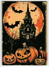 Vintage Halloween Postcard Haunted House & Jack-O'-Lanterns Full Moon