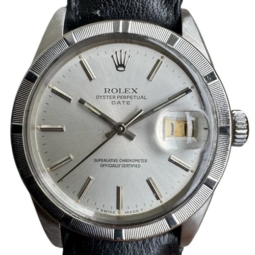 Mens Rolex Date 1501 Stainless Steel Watch Engine-Turned Index Bezel Silver Dial