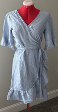 GAP M Blue White Striped Chambray Wrap Dress Ruffle Tie Flutter 3/4 Sleeve Women