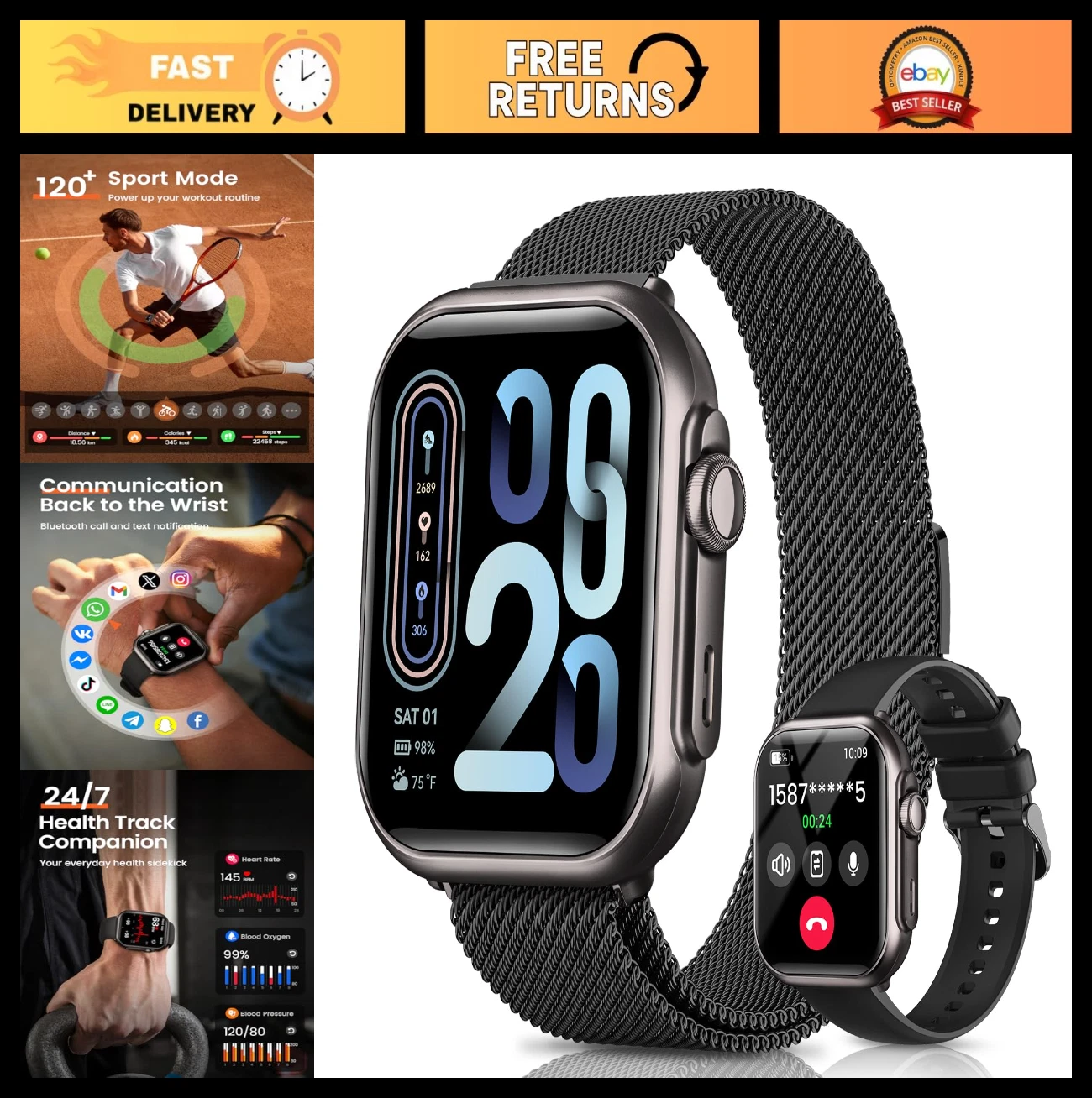 1.85" Smart Watch for Women - Fitness Tracker, Heart Rate, Sleep Monitor, IP68 W