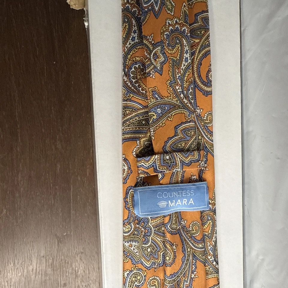 Corbata de seda COUNTESS MARA ~ Elegante barroca cachemira azul y naranja ~ Corbata para hombre Foto 3 de 4