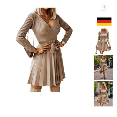 Damen Pulloverkleid Winter Langarm V-Ausschnitt Strickkleid Hohe Taille A-Lin...