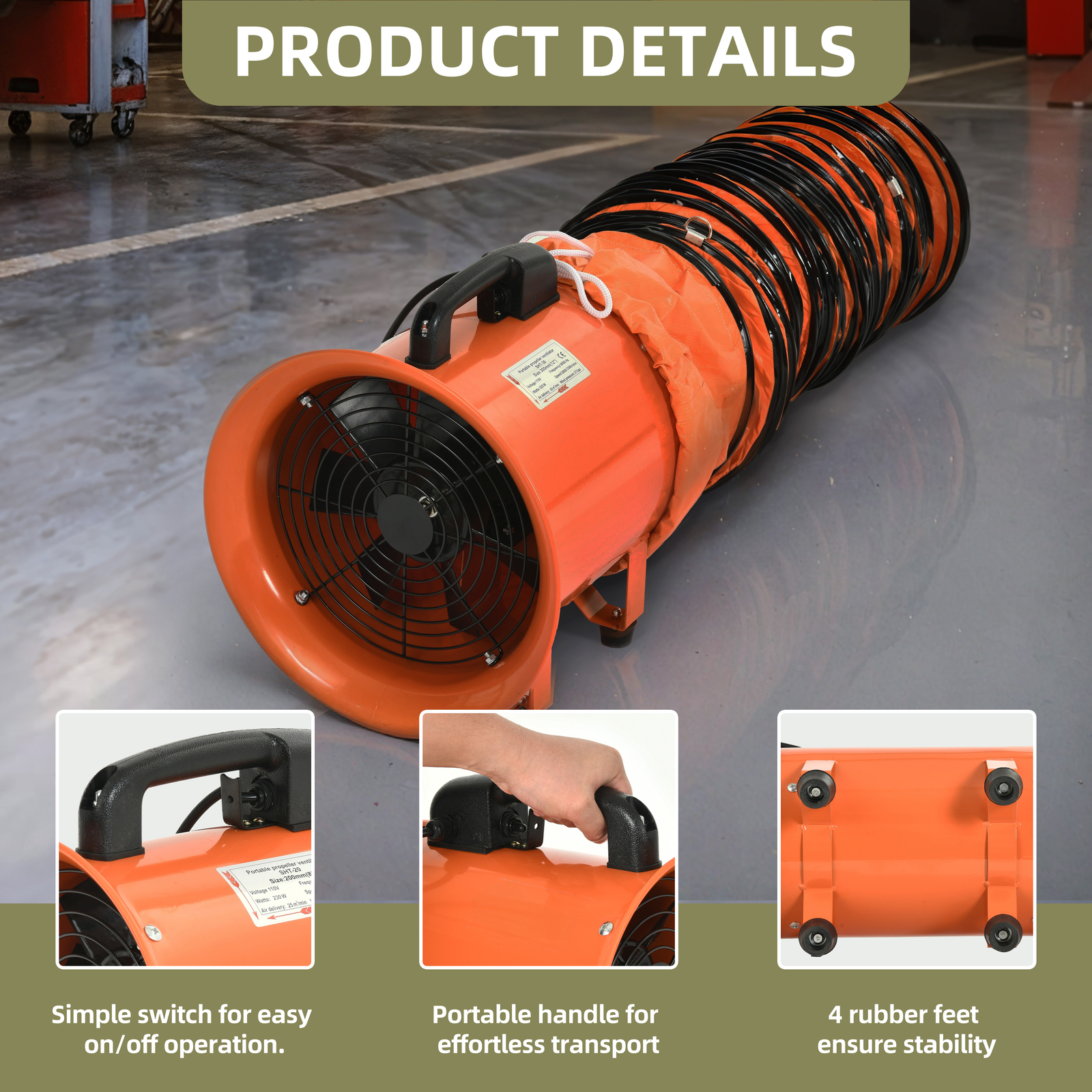 12" Portable Extractor Fan 520W Blower Exhaust Ventilator w/ 5mm Duct Hose