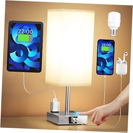 【Upgraded】Bedside Table Lamp Touch Control, with USB C+A 14.0in Gray & Silver