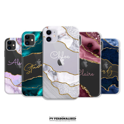 Personalisierte Handyhülle Klar Name Marmor Hartschale für iPhone 13 12 11 7 8 Xr