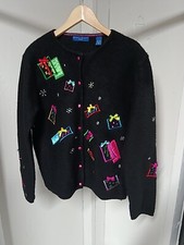 VINTAGE KAREN SCOTT WOMEN'S WOOL EMBROIDERED Presents CARDIGAN SZ M