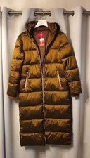 Guess Women's Judi Hooded Puffer Long Bomber Padded Jacket Gold Size Small