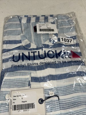 NEW! Untuckit Vietti  Sleeve 100% Linen Blues Stripe Size 8 in package