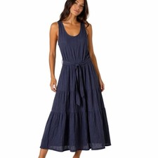 Talbots Womens Navy Blue Cotton Striped Tiered Midi Dress Sz 6 Sleeveless Belted