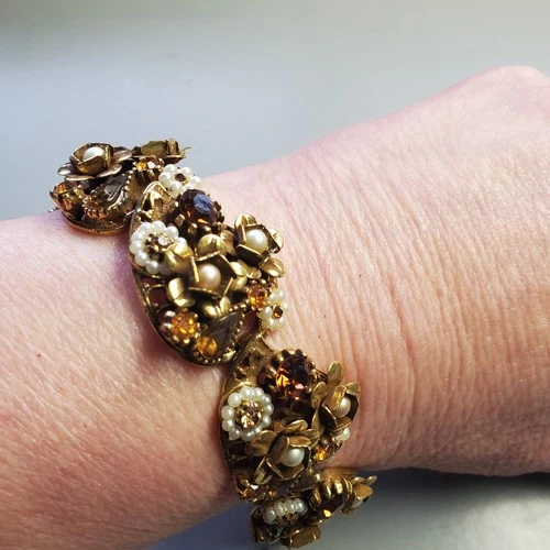 Vtg ART Arthur Pepper Bracelet Amber Rhinestones Beads Goldtone Costume Jewelry