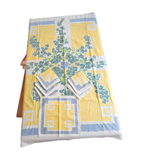 Fiatelle Lavender Yellow Stripe Blue Leaves Tablecloth 6 Napkins 62" x 48" Vtg