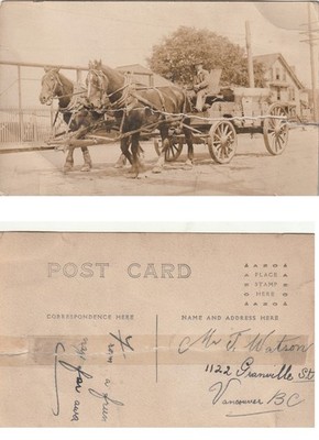 Antique RPPC POSTCARD, 1920s HORSES & WAGON written, unposted, torn