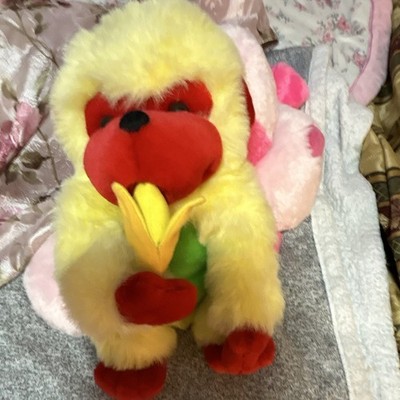 Plush Stuffed Monkey Holding Banana, Yellow Red Green, Small 6-14 in