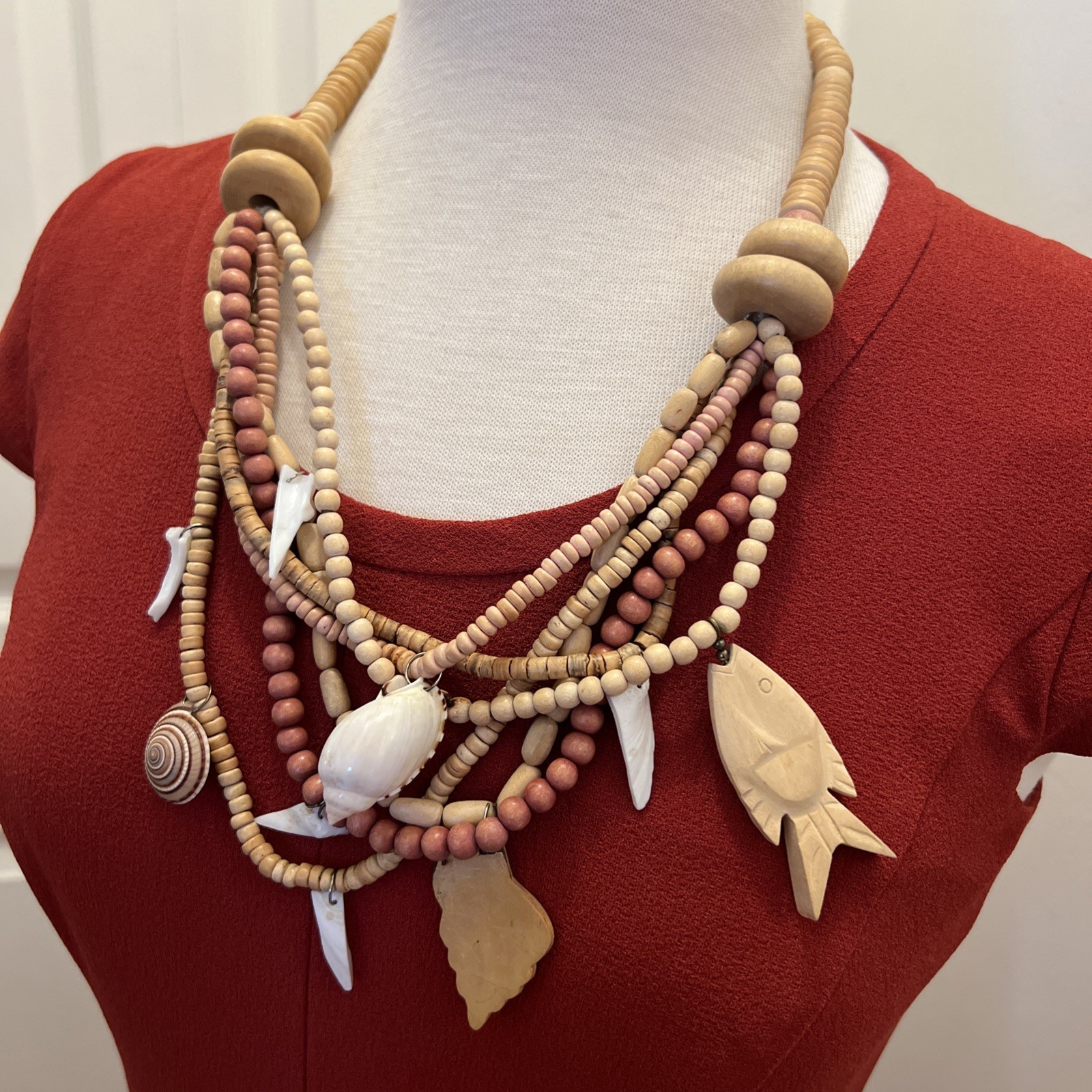 Beautiful Handmade Multi Strand Boho Shell Wood B… - image 1