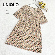 UNIQLO Orla Kiely Beige Short Sleeve Knee-Length Dress Size L