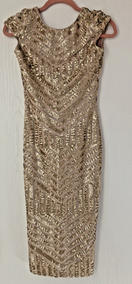 Dress The Population Gold Sequin Midi Sheath Open Back Cap Sleeve Cocktail S