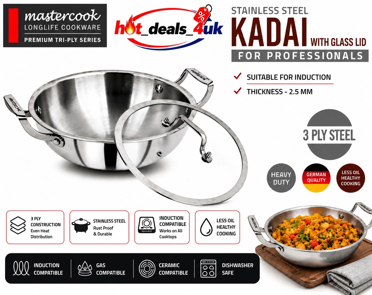 Platinum Triply Stainless Steel Kadai Wok With Glass Lid Stir Fry Induction Base