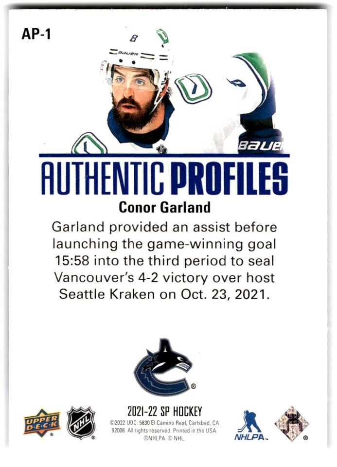 2021-22 SP Blue Authentic Profiles Conor Garland #AP-1 - Image 2 of 2