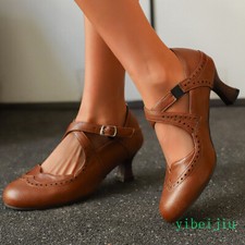 Womens Vintage Kitten Heel Cross Strap Buckle Causal Dress Office Shoes Pump New
