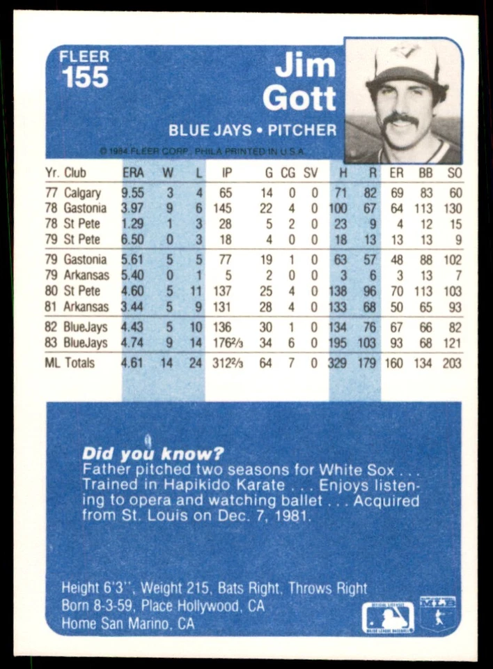 1984 FLEER JIM GOTT . TORONTO BLUE JAYS #155 - Image 2 of 2