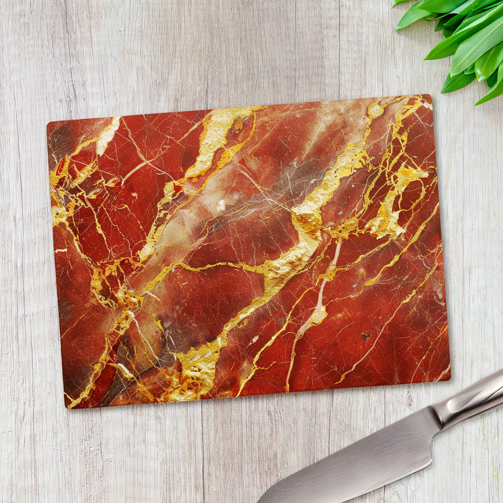 Red Gold Marble Effect Glass Chopping Board Large Kitchen Worktop Saver