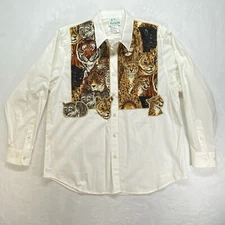 Quacker Factory Blouse Shirt Womens large Cotton Big Cats Art-to-Wear White NEW