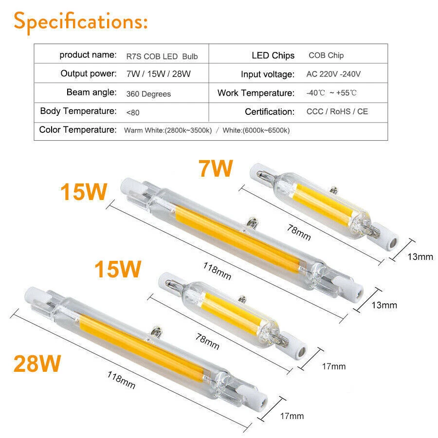 R7S LED 7W 15W 28W 78mm 118mm Lamp Dimmable Glass Tube Light Ceramic - Image 2 of 4