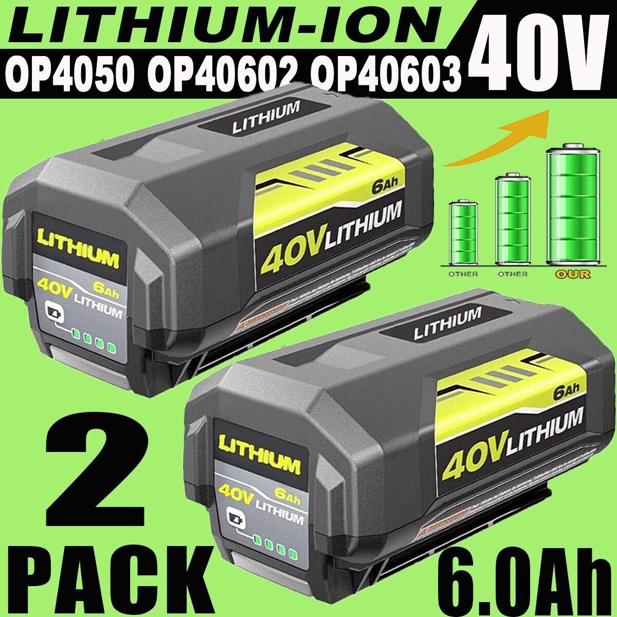 2Pack 6.0Ah Replacement OP4026 Battery + OP401 Charger For Ryobi 40V Battery Charger Combo Op40602 Op40501 Op40401 Op4050a Op4040 Op4030 Compatible Ryobi 4