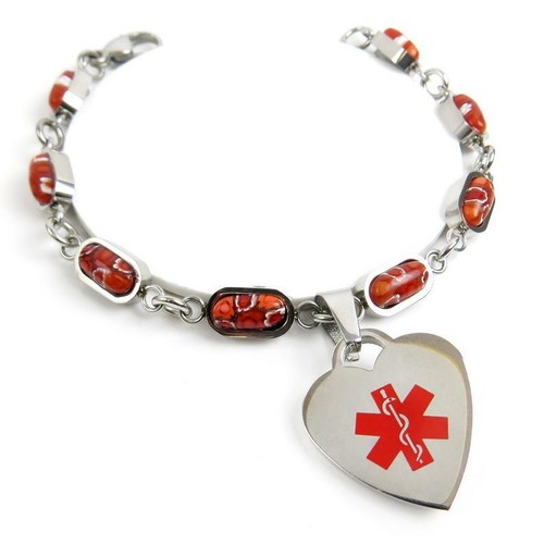 Stainless Steel Medical Charm Bracelet Custom Engrave Red Millefiori